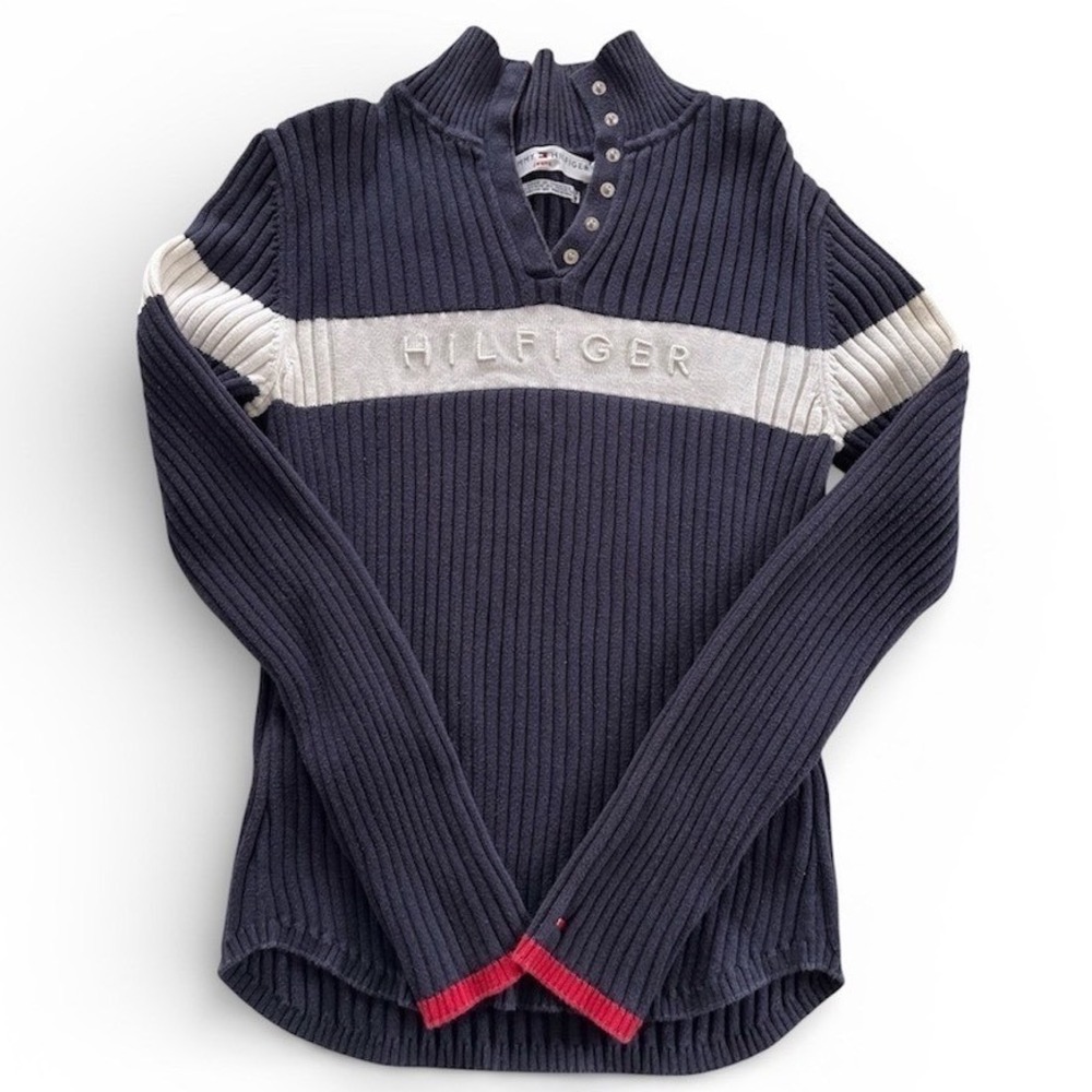 Tommy‎ Hilfiger Jeans Mens Navy Ribbed Snap Neck Sweater White Stripe Size M